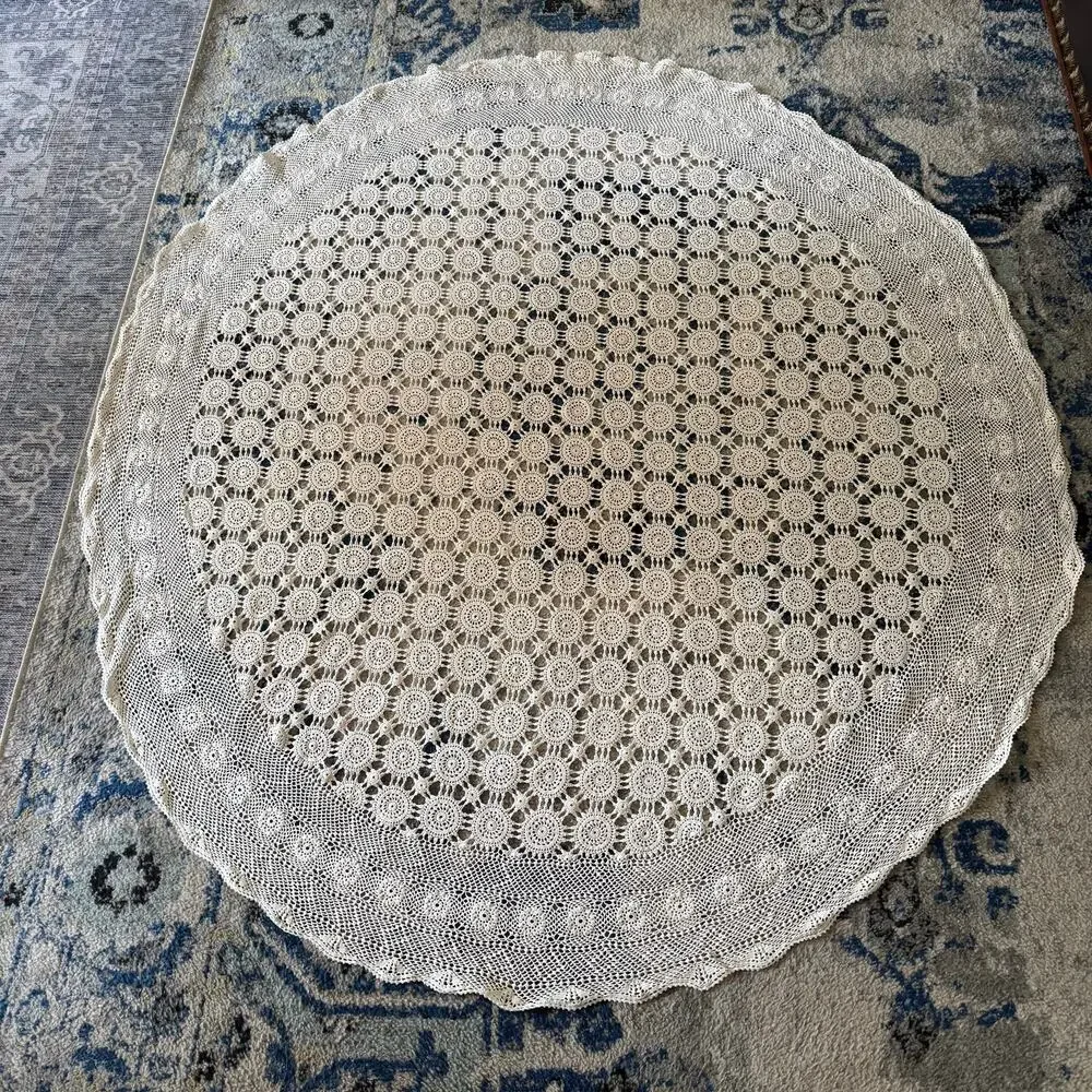 Crocheted Open Work Medallion Oval Round Tablecloth Ivory 60x66